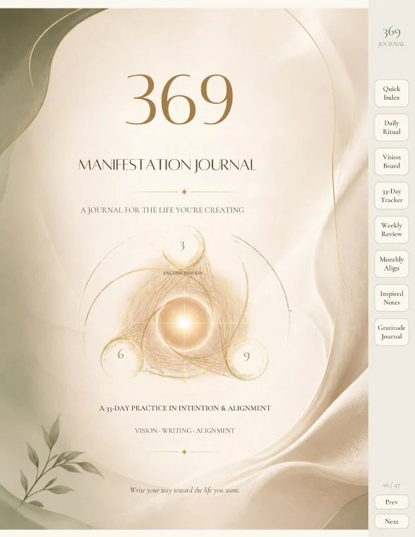 369 Manifestation Journal English cover with a warm cream botanical design