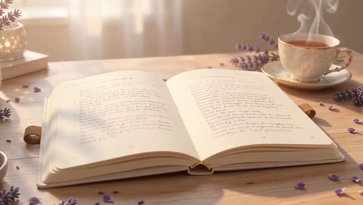 An open journal and warm tea in soft window light, a lifestyle illustration